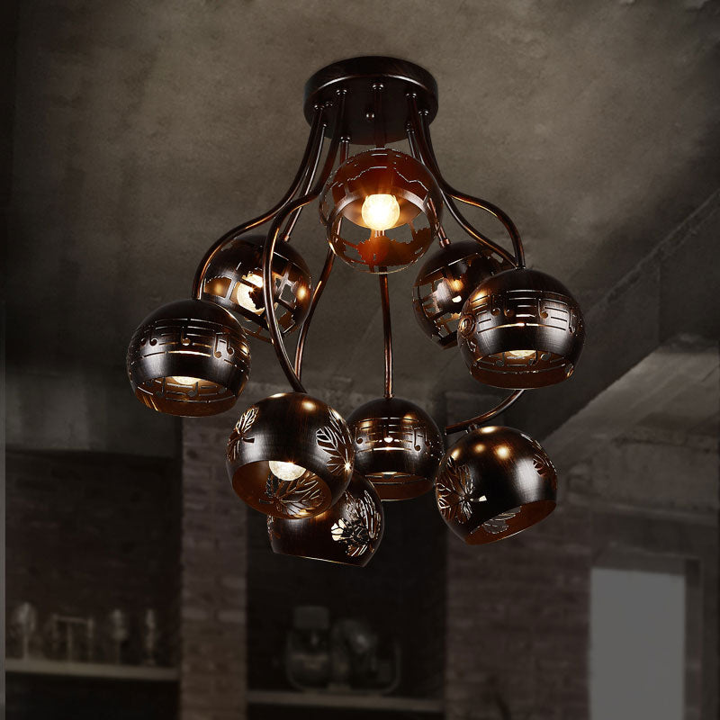 9 Heads Semi Flush Chandelier Farmhouse Style Global Iron Ceiling Light Fixture with Music Note and Leaf Design in Rust Rust Clearhalo 'Ceiling Lights' 'Close To Ceiling Lights' 'Close to ceiling' 'Semi-flushmount' Lighting' 166577