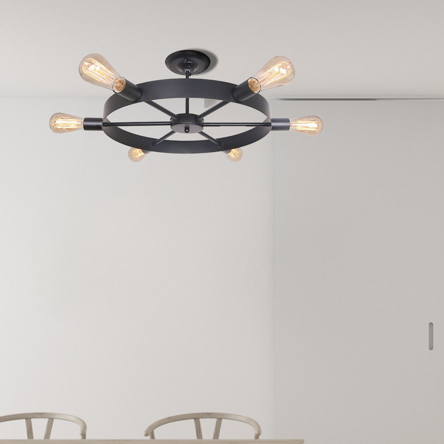 Rudder Restaurant Semi Flush Mount Light with Bare Bulb Vintage Style 6 Bulbs Dining Room Ceiling Light in Black Black Clearhalo 'Ceiling Lights' 'Close To Ceiling Lights' 'Close to ceiling' 'Semi-flushmount' Lighting' 166581