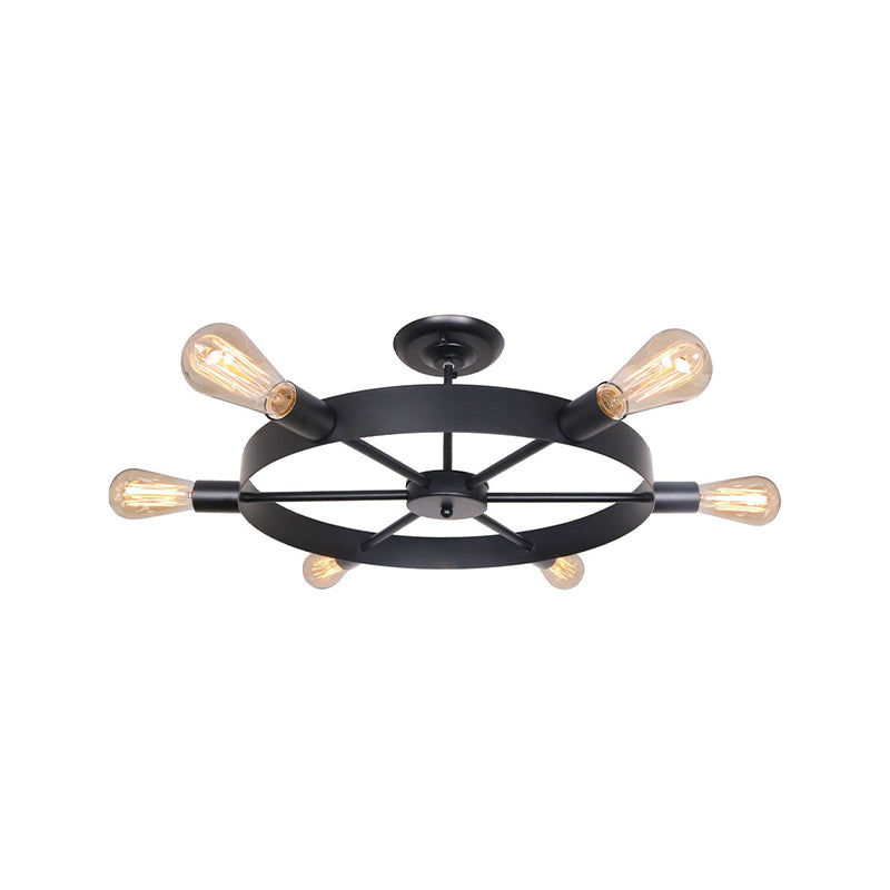 Rudder Restaurant Semi Flush Mount Light with Bare Bulb Vintage Style 6 Bulbs Dining Room Ceiling Light in Black Clearhalo 'Ceiling Lights' 'Close To Ceiling Lights' 'Close to ceiling' 'Semi-flushmount' Lighting' 166583