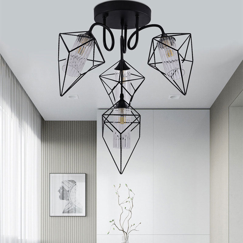 Cage Diamond Bedroom Ceiling Mount Chandelier Retro Metal 4/6 Lights Black Pendant Light with Inner Clear Glass Shade 4 Black Clearhalo 'Ceiling Lights' 'Close To Ceiling Lights' 'Close to ceiling' 'Glass shade' 'Glass' 'Semi-flushmount' Lighting' 166592