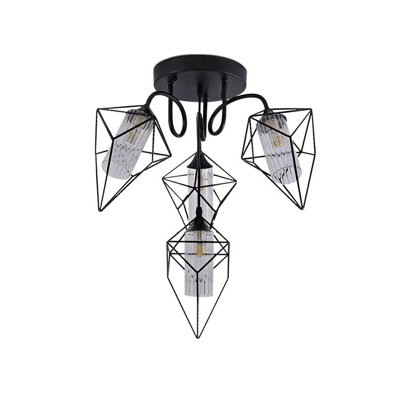 Cage Diamond Bedroom Ceiling Mount Chandelier Retro Metal 4/6 Lights Black Pendant Light with Inner Clear Glass Shade Clearhalo 'Ceiling Lights' 'Close To Ceiling Lights' 'Close to ceiling' 'Glass shade' 'Glass' 'Semi-flushmount' Lighting' 166594