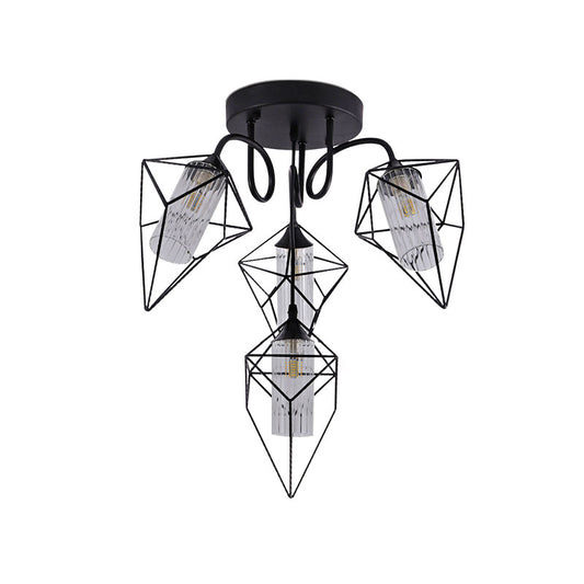 Cage Diamond Bedroom Ceiling Mount Chandelier Retro Metal 4/6 Lights Black Pendant Light with Inner Clear Glass Shade Clearhalo 'Ceiling Lights' 'Close To Ceiling Lights' 'Close to ceiling' 'Glass shade' 'Glass' 'Semi-flushmount' Lighting' 166594