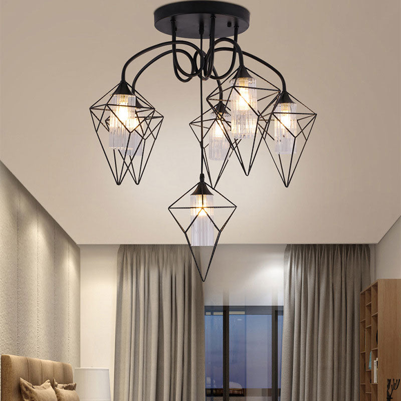 Cage Diamond Bedroom Ceiling Mount Chandelier Retro Metal 4/6 Lights Black Pendant Light with Inner Clear Glass Shade 6 Black Clearhalo 'Ceiling Lights' 'Close To Ceiling Lights' 'Close to ceiling' 'Glass shade' 'Glass' 'Semi-flushmount' Lighting' 166596