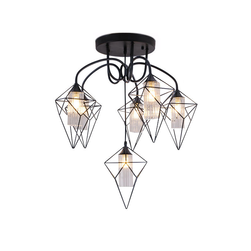 Cage Diamond Bedroom Ceiling Mount Chandelier Retro Metal 4/6 Lights Black Pendant Light with Inner Clear Glass Shade Clearhalo 'Ceiling Lights' 'Close To Ceiling Lights' 'Close to ceiling' 'Glass shade' 'Glass' 'Semi-flushmount' Lighting' 166597