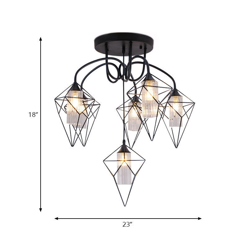 Cage Diamond Bedroom Ceiling Mount Chandelier Retro Metal 4/6 Lights Black Pendant Light with Inner Clear Glass Shade Clearhalo 'Ceiling Lights' 'Close To Ceiling Lights' 'Close to ceiling' 'Glass shade' 'Glass' 'Semi-flushmount' Lighting' 166598