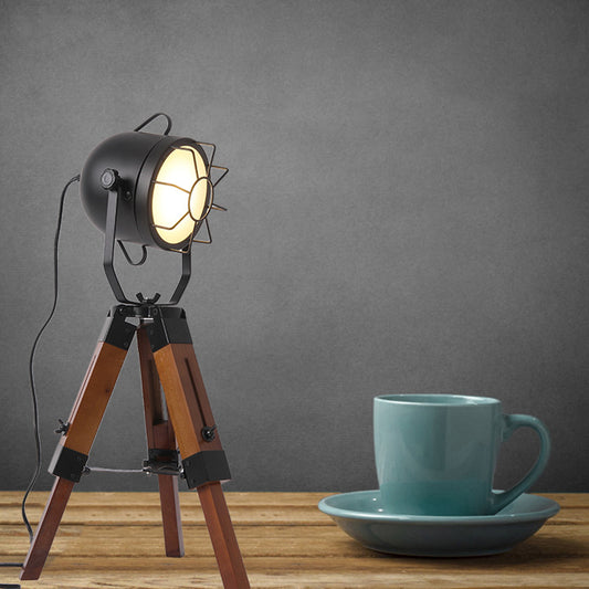 Loft Industrial Bell Shade Desk Lamp with Tripod 1 Head Metal and Wood Small Table Lamp in Brown Brown Clearhalo 'Lamps' 'Table Lamps' Lighting' 166620