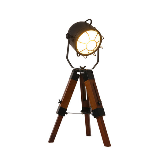 Loft Industrial Bell Shade Desk Lamp with Tripod 1 Head Metal and Wood Small Table Lamp in Brown Clearhalo 'Lamps' 'Table Lamps' Lighting' 166622