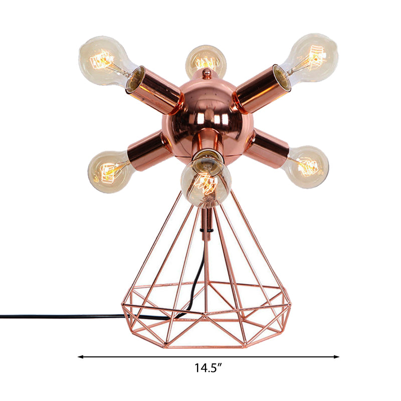 6/9-Head Table Lighting Retro Style Bare Bulb Metal Table Lamp with Diamond Base in Copper for Bedroom Clearhalo 'Lamps' 'Table Lamps' Lighting' 166634