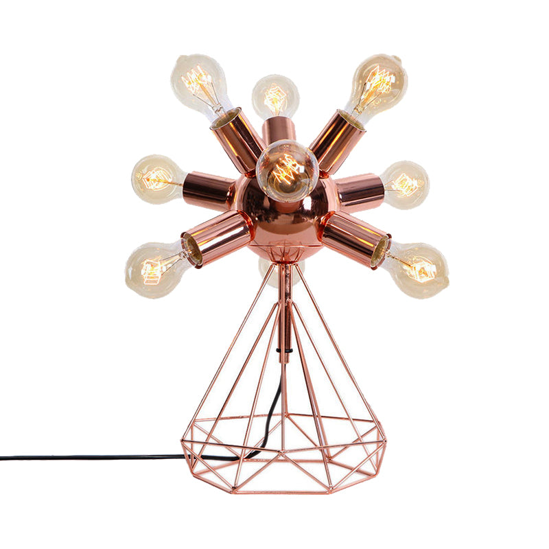 6/9-Head Table Lighting Retro Style Bare Bulb Metal Table Lamp with Diamond Base in Copper for Bedroom Clearhalo 'Lamps' 'Table Lamps' Lighting' 166636