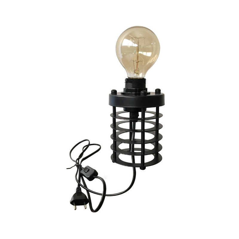 1 Head Table Lamp Industrial Stylish Cylinder/Barrel Metal Table Light with Cage Base in Black for Coffee Shop Clearhalo 'Lamps' 'Table Lamps' Lighting' 166688