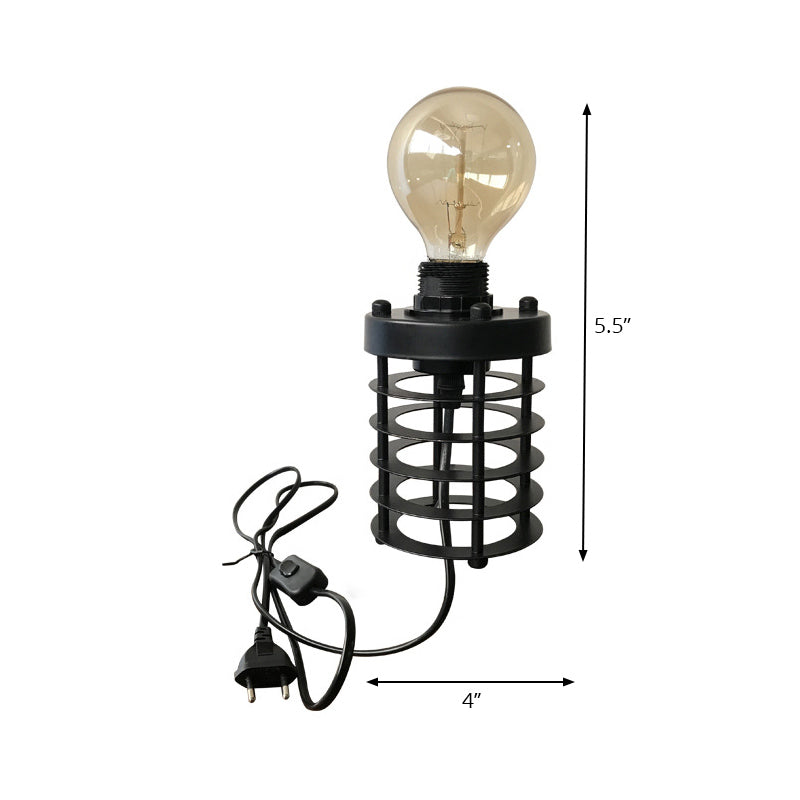 1 Head Table Lamp Industrial Stylish Cylinder/Barrel Metal Table Light with Cage Base in Black for Coffee Shop Clearhalo 'Lamps' 'Table Lamps' Lighting' 166689