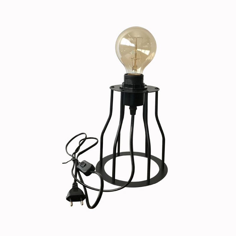 1 Head Table Lamp Industrial Stylish Cylinder/Barrel Metal Table Light with Cage Base in Black for Coffee Shop Clearhalo 'Lamps' 'Table Lamps' Lighting' 166695