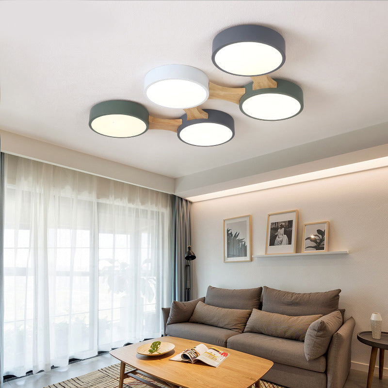 Wood and Metal Round Flush Ceiling Light Nordic 3/4/5 Lights Grey Ceiling Flush for Bedroom in Warm/White 5 Grey Clearhalo 'Ceiling Lights' 'Close To Ceiling Lights' 'Close to ceiling' 'Flush mount' Lighting' 167605