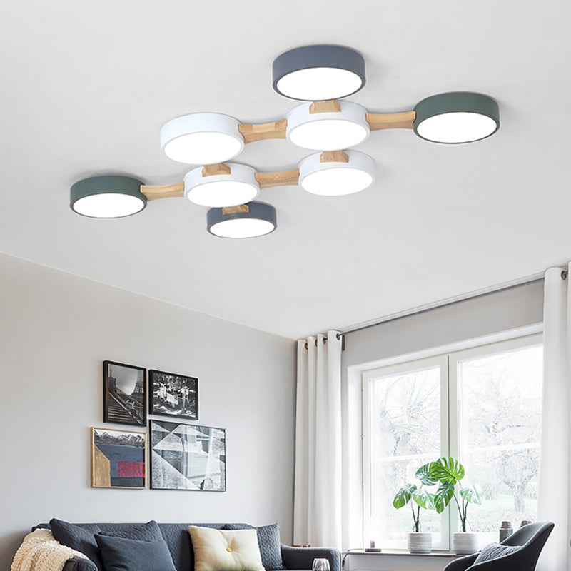 Wood and Metal Round Flush Ceiling Light Nordic 3/4/5 Lights Grey Ceiling Flush for Bedroom in Warm/White 8 Grey Clearhalo 'Ceiling Lights' 'Close To Ceiling Lights' 'Close to ceiling' 'Flush mount' Lighting' 167609