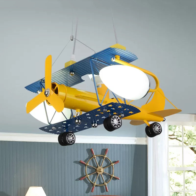 Chandeliers for Bedroom Boys, Hanging Pendant Light in Blue with Milk Glass Shade & Biplane Design Modern 3 Blue Clearhalo 'Ceiling Lights' 'Chandeliers' Lighting' options 167781_32279625-ed8c-46fb-9476-d52a82d177c3