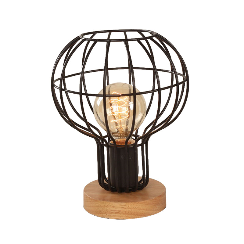 1 Bulb Table Lamp Industrial Stylish Pear/Barrel Shade Metal and Wood Task Lamp with Wire Guard in Black for Bedroom Clearhalo 'Lamps' 'Table Lamps' Lighting' 167797