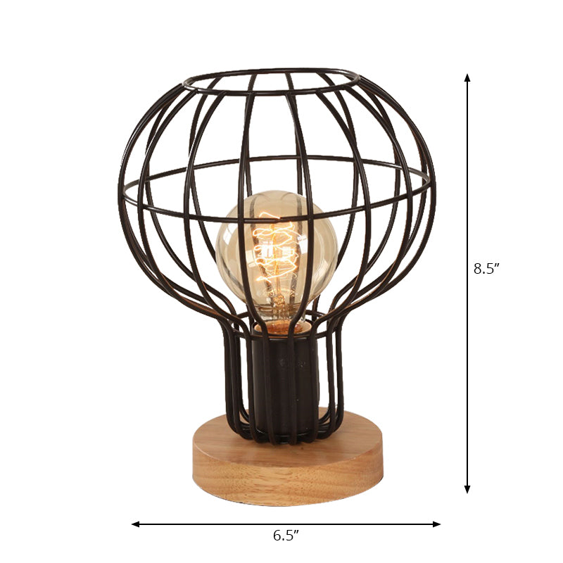 1 Bulb Table Lamp Industrial Stylish Pear/Barrel Shade Metal and Wood Task Lamp with Wire Guard in Black for Bedroom Clearhalo 'Lamps' 'Table Lamps' Lighting' 167798