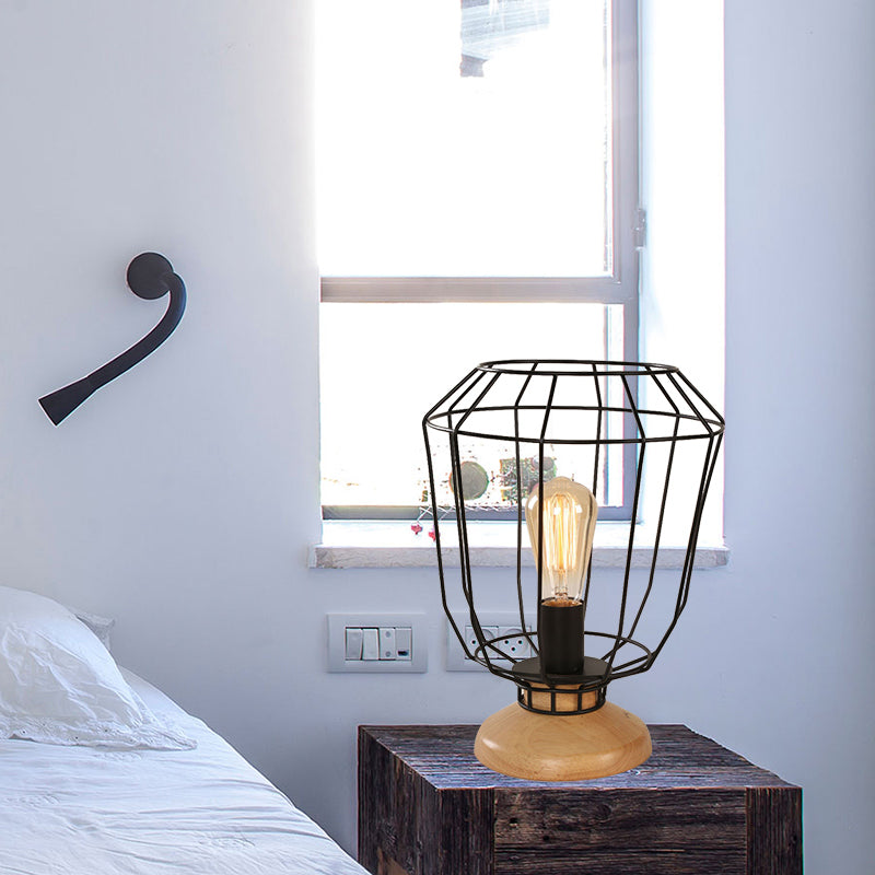 1 Bulb Table Lamp Industrial Stylish Pear/Barrel Shade Metal and Wood Task Lamp with Wire Guard in Black for Bedroom Black Barrel Clearhalo 'Lamps' 'Table Lamps' Lighting' 167799