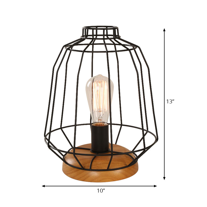 1 Bulb Table Lamp Industrial Stylish Pear/Barrel Shade Metal and Wood Task Lamp with Wire Guard in Black for Bedroom Clearhalo 'Lamps' 'Table Lamps' Lighting' 167804