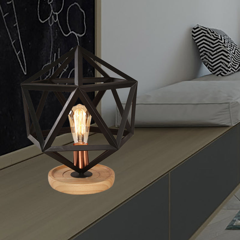 1 Bulb Table Lamp Industrial Stylish Pear/Barrel Shade Metal and Wood Task Lamp with Wire Guard in Black for Bedroom Black Hexagon Clearhalo 'Lamps' 'Table Lamps' Lighting' 167805