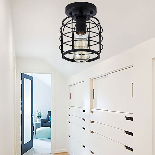 One Head Ceiling Lighting Vintage Cylindrical Cage Metal , Black for Corridor 110V-120V Negro Clearhalo 'Ceiling Lights' 'Close To Ceiling Lights' 'Close to ceiling' 'Hogar' 'Iluminación' 'Lámparas de Techo' 'Plafones' 'Semi-flushmount' Lighting' 167831