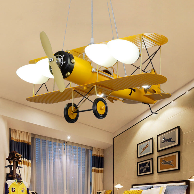 Chandeliers for Bedrooms, 4 Lights Ceiling Fixture with Glass Shade and Biplane Design for Boys Modern Style Yellow Clearhalo 'Ceiling Lights' 'Chandeliers' Lighting' options 167867_ca802b37-055a-40d0-b27a-491a31990a78