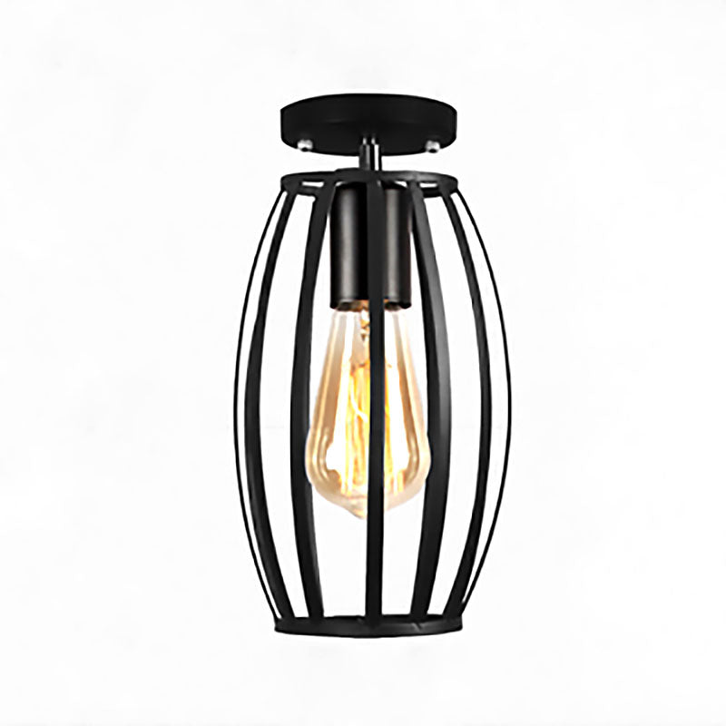 Barn/Oval Restaurant Semi Flush Mount Light with Cage Shade Farmhouse Metal 1 Light Black Ceiling Light Fixture Clearhalo 'Ceiling Lights' 'Close To Ceiling Lights' 'Close to ceiling' 'Semi-flushmount' Lighting' 167875