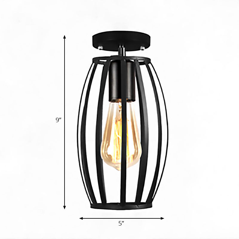 Barn/Oval Restaurant Semi Flush Mount Light with Cage Shade Farmhouse Metal 1 Light Black Ceiling Light Fixture Clearhalo 'Ceiling Lights' 'Close To Ceiling Lights' 'Close to ceiling' 'Semi-flushmount' Lighting' 167876