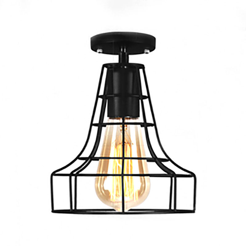 Barn/Oval Restaurant Semi Flush Mount Light with Cage Shade Farmhouse Metal 1 Light Black Ceiling Light Fixture Clearhalo 'Ceiling Lights' 'Close To Ceiling Lights' 'Close to ceiling' 'Semi-flushmount' Lighting' 167878