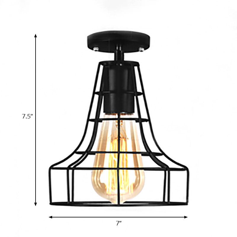 Barn/Oval Restaurant Semi Flush Mount Light with Cage Shade Farmhouse Metal 1 Light Black Ceiling Light Fixture Clearhalo 'Ceiling Lights' 'Close To Ceiling Lights' 'Close to ceiling' 'Semi-flushmount' Lighting' 167879