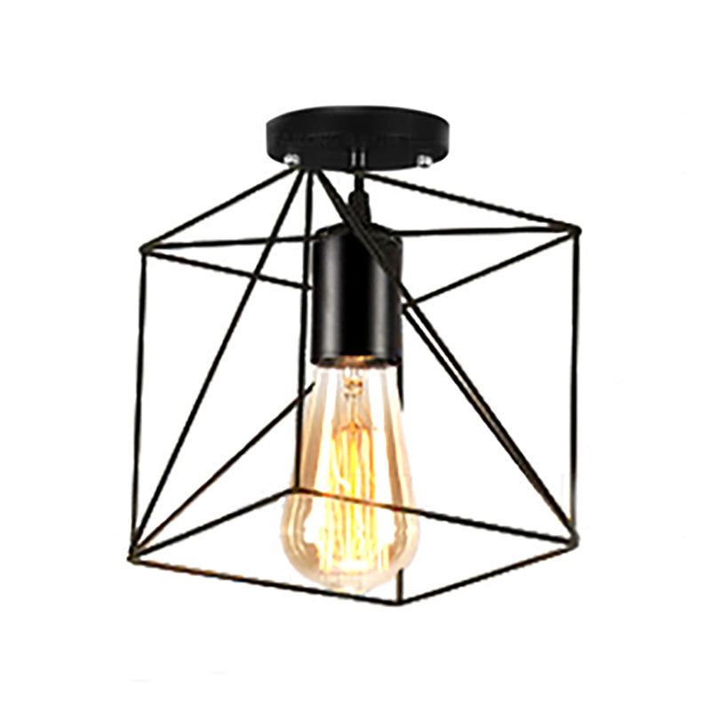 Barn/Oval Restaurant Semi Flush Mount Light with Cage Shade Farmhouse Metal 1 Light Black Ceiling Light Fixture Clearhalo 'Ceiling Lights' 'Close To Ceiling Lights' 'Close to ceiling' 'Semi-flushmount' Lighting' 167881