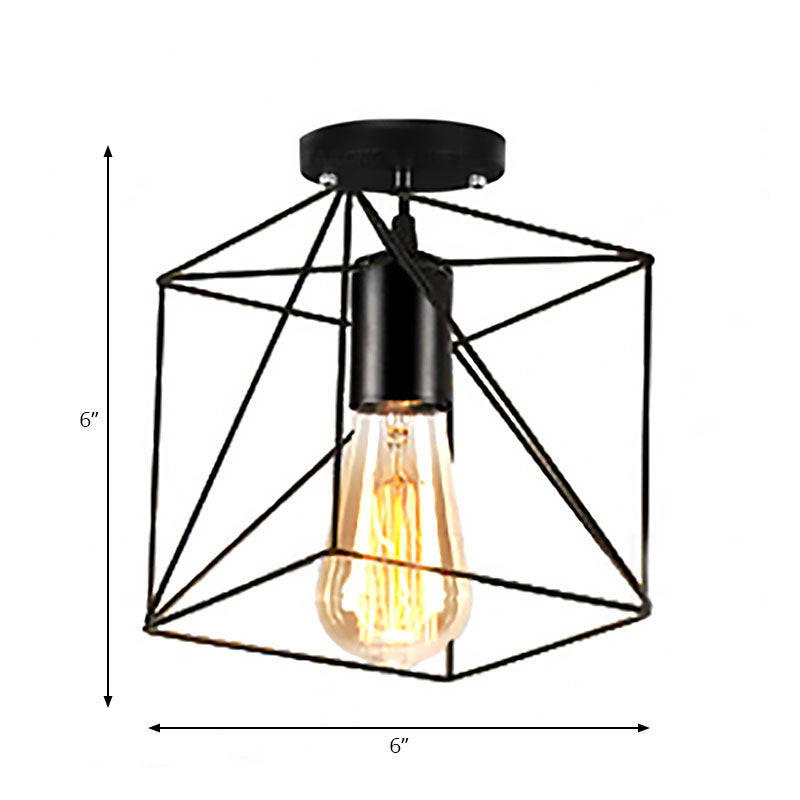 Barn/Oval Restaurant Semi Flush Mount Light with Cage Shade Farmhouse Metal 1 Light Black Ceiling Light Fixture Clearhalo 'Ceiling Lights' 'Close To Ceiling Lights' 'Close to ceiling' 'Semi-flushmount' Lighting' 167882