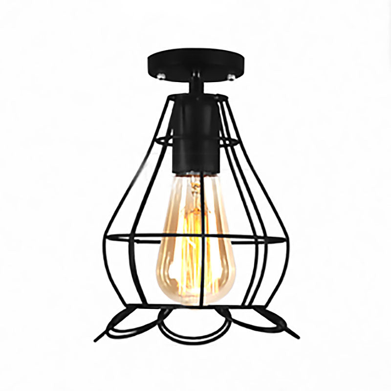 Barn/Oval Restaurant Semi Flush Mount Light with Cage Shade Farmhouse Metal 1 Light Black Ceiling Light Fixture Clearhalo 'Ceiling Lights' 'Close To Ceiling Lights' 'Close to ceiling' 'Semi-flushmount' Lighting' 167884