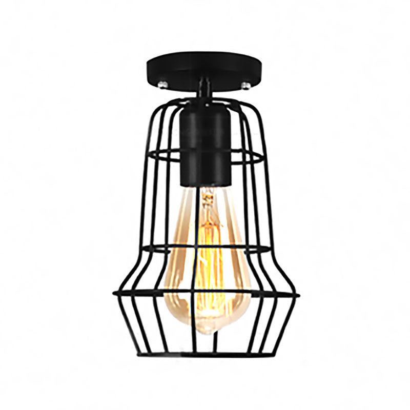 Global/Barrel Iron Semi Flush Mount with Wire Guard Farmhouse Style 1 Light Coffee Shop Ceiling Light in Black Clearhalo 'Ceiling Lights' 'Close To Ceiling Lights' 'Close to ceiling' 'Semi-flushmount' Lighting' 167905