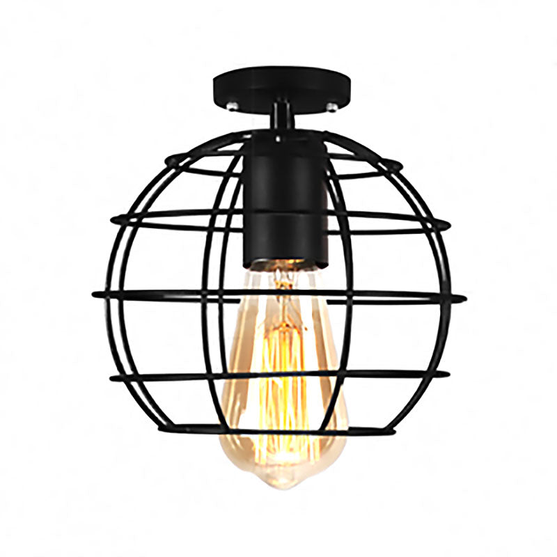 Global/Barrel Iron Semi Flush Mount with Wire Guard Farmhouse Style 1 Light Coffee Shop Ceiling Light in Black Clearhalo 'Ceiling Lights' 'Close To Ceiling Lights' 'Close to ceiling' 'Semi-flushmount' Lighting' 167908