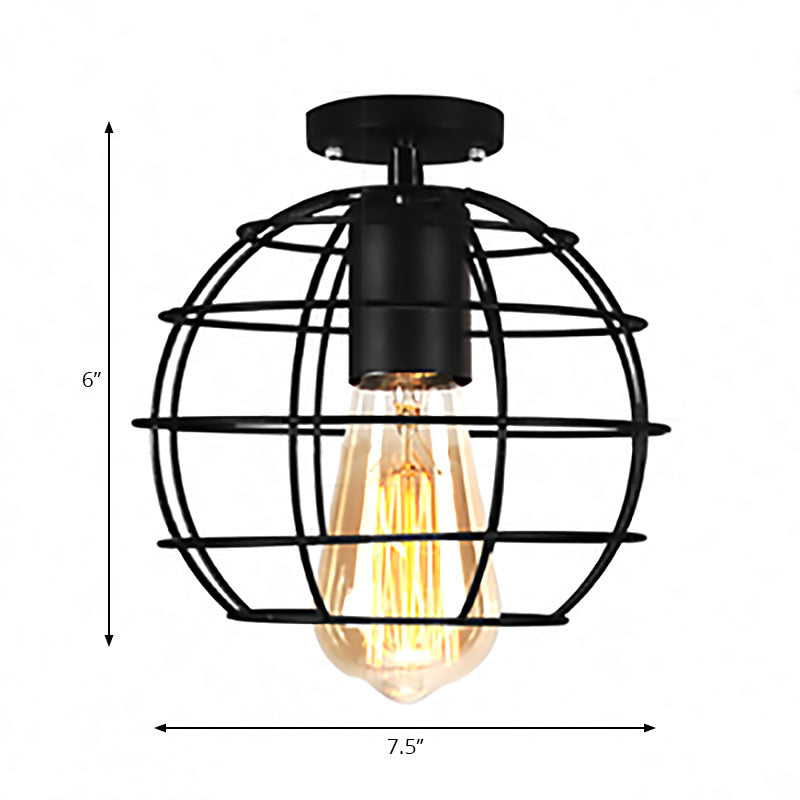 Global/Barrel Iron Semi Flush Mount with Wire Guard Farmhouse Style 1 Light Coffee Shop Ceiling Light in Black Clearhalo 'Ceiling Lights' 'Close To Ceiling Lights' 'Close to ceiling' 'Semi-flushmount' Lighting' 167909