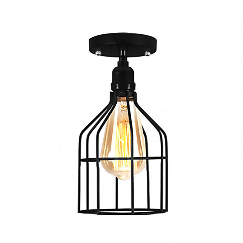 Global/Barrel Iron Semi Flush Mount with Wire Guard Farmhouse Style 1 Light Coffee Shop Ceiling Light in Black Clearhalo 'Ceiling Lights' 'Close To Ceiling Lights' 'Close to ceiling' 'Semi-flushmount' Lighting' 167911