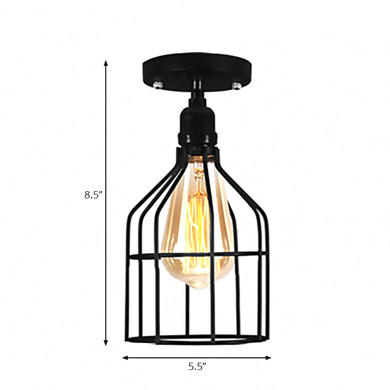 Global/Barrel Iron Semi Flush Mount with Wire Guard Farmhouse Style 1 Light Coffee Shop Ceiling Light in Black Clearhalo 'Ceiling Lights' 'Close To Ceiling Lights' 'Close to ceiling' 'Semi-flushmount' Lighting' 167912