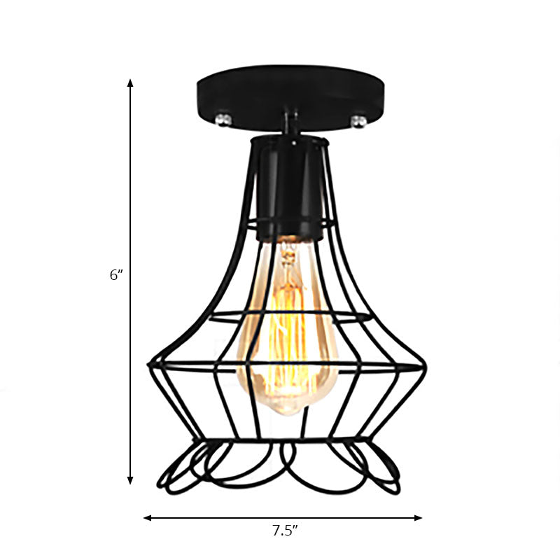 Global/Barrel Iron Semi Flush Mount with Wire Guard Farmhouse Style 1 Light Coffee Shop Ceiling Light in Black Clearhalo 'Ceiling Lights' 'Close To Ceiling Lights' 'Close to ceiling' 'Semi-flushmount' Lighting' 167915