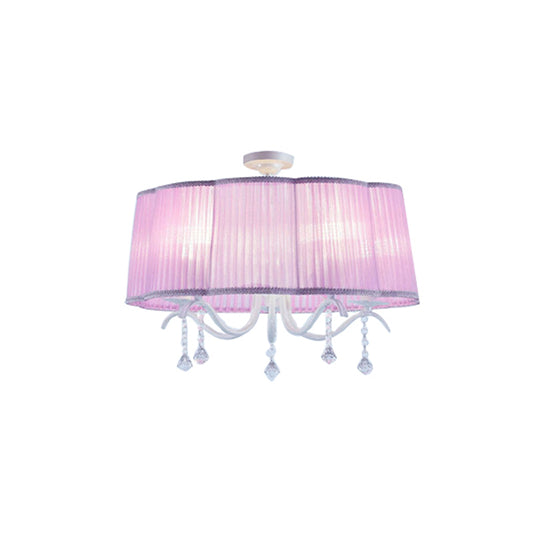 Drum Chandelier for Bedroom, 5 Lights Fabric Semi Flush Mount Light for Girls with Clear Crystal Decoration Modern Style Clearhalo 'Ceiling Lights' 'Close To Ceiling Lights' 'Close to ceiling' 'Semi-flushmount' Lighting' 167920