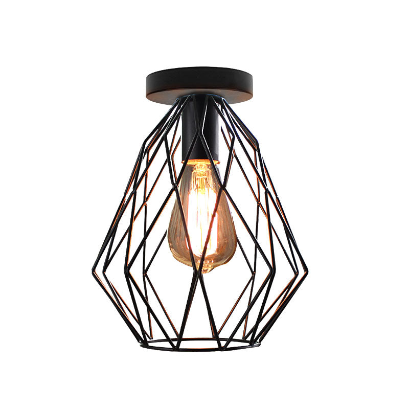 Retro Stylish Geometric Cage Ceiling Light 1 Bulb Iron Semi Flush Mount Light with Square/Rhombus Design in Black for Restaurant Clearhalo 'Ceiling Lights' 'Close To Ceiling Lights' 'Close to ceiling' 'Semi-flushmount' Lighting' 167933