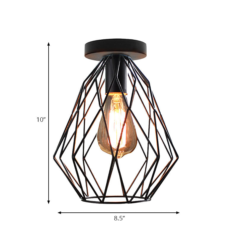 Retro Stylish Geometric Cage Ceiling Light 1 Bulb Iron Semi Flush Mount Light with Square/Rhombus Design in Black for Restaurant Clearhalo 'Ceiling Lights' 'Close To Ceiling Lights' 'Close to ceiling' 'Semi-flushmount' Lighting' 167934