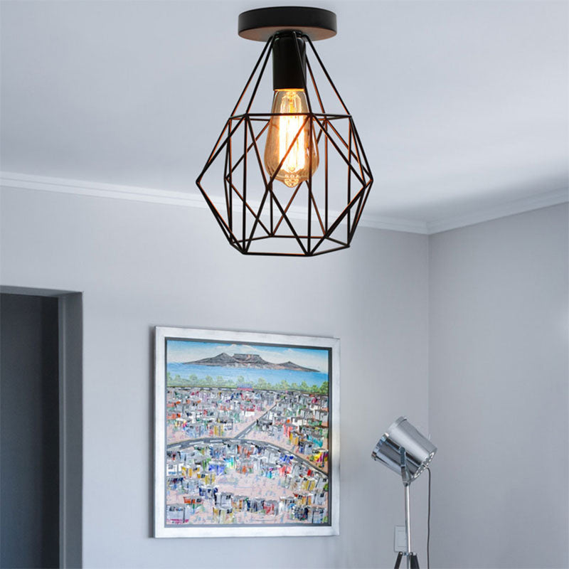 Retro Stylish Geometric Cage Ceiling Light 1 Bulb Iron Semi Flush Mount Light with Square/Rhombus Design in Black for Restaurant Black Square Clearhalo 'Ceiling Lights' 'Close To Ceiling Lights' 'Close to ceiling' 'Semi-flushmount' Lighting' 167935