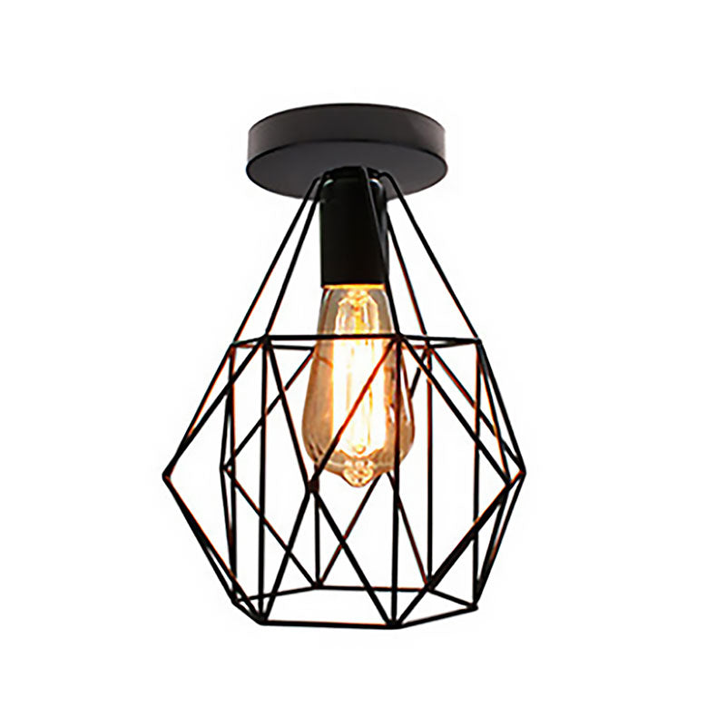 Retro Stylish Geometric Cage Ceiling Light 1 Bulb Iron Semi Flush Mount Light with Square/Rhombus Design in Black for Restaurant Clearhalo 'Ceiling Lights' 'Close To Ceiling Lights' 'Close to ceiling' 'Semi-flushmount' Lighting' 167936