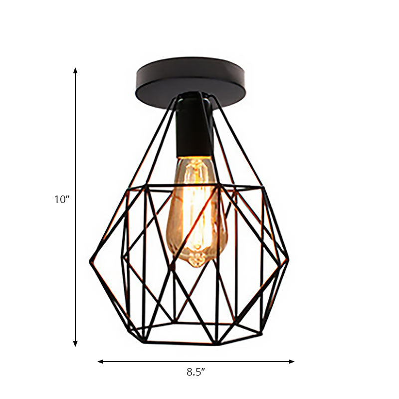 Retro Stylish Geometric Cage Ceiling Light 1 Bulb Iron Semi Flush Mount Light with Square/Rhombus Design in Black for Restaurant Clearhalo 'Ceiling Lights' 'Close To Ceiling Lights' 'Close to ceiling' 'Semi-flushmount' Lighting' 167937