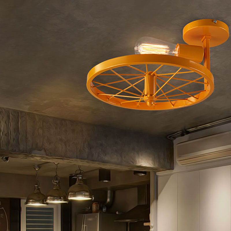 White/Pink Bare Bulb Ceiling Lighting Vintage Style Metallic 1 Head Farmhouse Semi Flush Pendant Light with Wheel Design Yellow Clearhalo 'Ceiling Lights' 'Close To Ceiling Lights' 'Close to ceiling' 'Semi-flushmount' Lighting' 168074