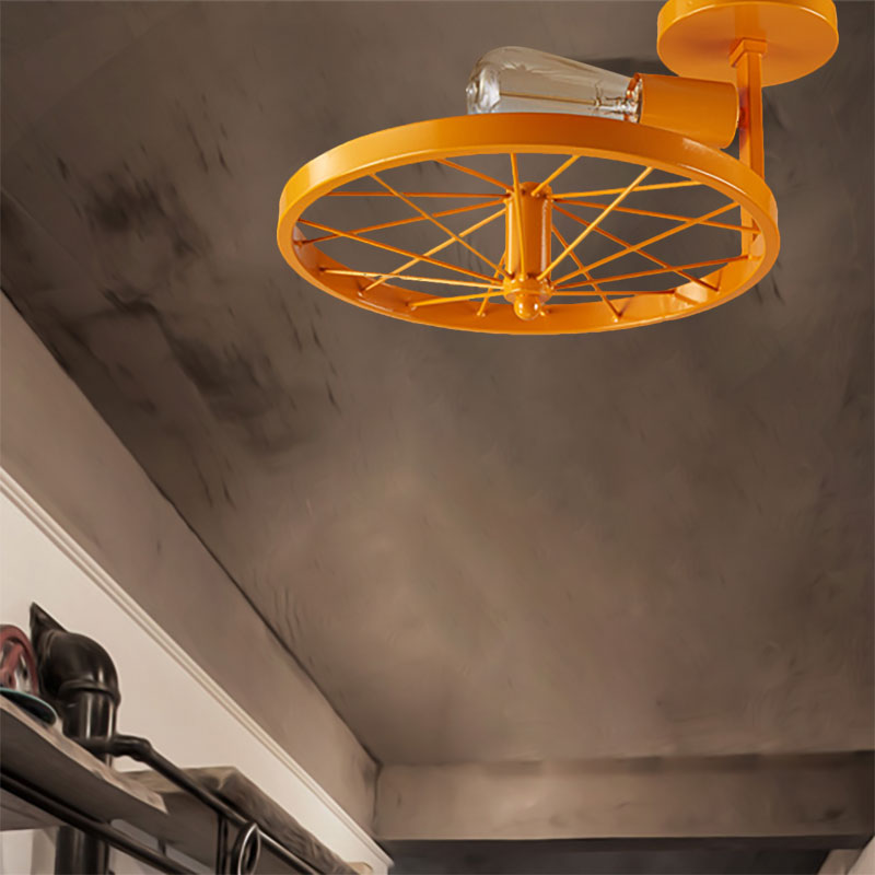 White/Pink Bare Bulb Ceiling Lighting Vintage Style Metallic 1 Head Farmhouse Semi Flush Pendant Light with Wheel Design Clearhalo 'Ceiling Lights' 'Close To Ceiling Lights' 'Close to ceiling' 'Semi-flushmount' Lighting' 168075