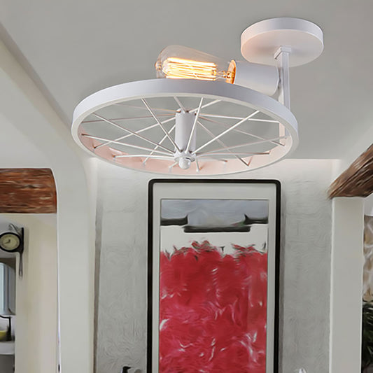 White/Pink Bare Bulb Ceiling Lighting Vintage Style Metallic 1 Head Farmhouse Semi Flush Pendant Light with Wheel Design White Clearhalo 'Ceiling Lights' 'Close To Ceiling Lights' 'Close to ceiling' 'Semi-flushmount' Lighting' 168078