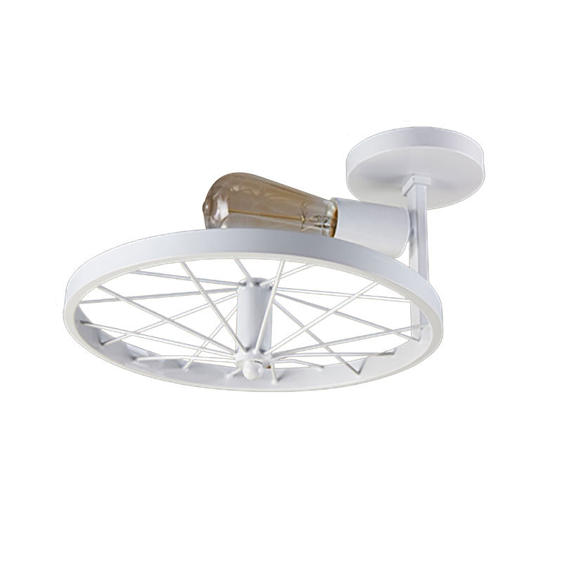 White/Pink Bare Bulb Ceiling Lighting Vintage Style Metallic 1 Head Farmhouse Semi Flush Pendant Light with Wheel Design Clearhalo 'Ceiling Lights' 'Close To Ceiling Lights' 'Close to ceiling' 'Semi-flushmount' Lighting' 168079