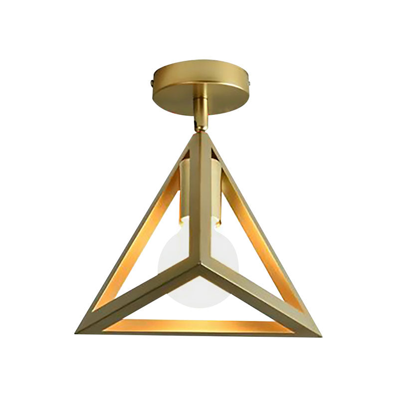 Global/Triangle Metallic Semi Flush Mount Light with Wire Frame Industrial 1 Head Bedroom Ceiling Lamp in Brass Clearhalo 'Ceiling Lights' 'Close To Ceiling Lights' 'Close to ceiling' 'Semi-flushmount' Lighting' 168097